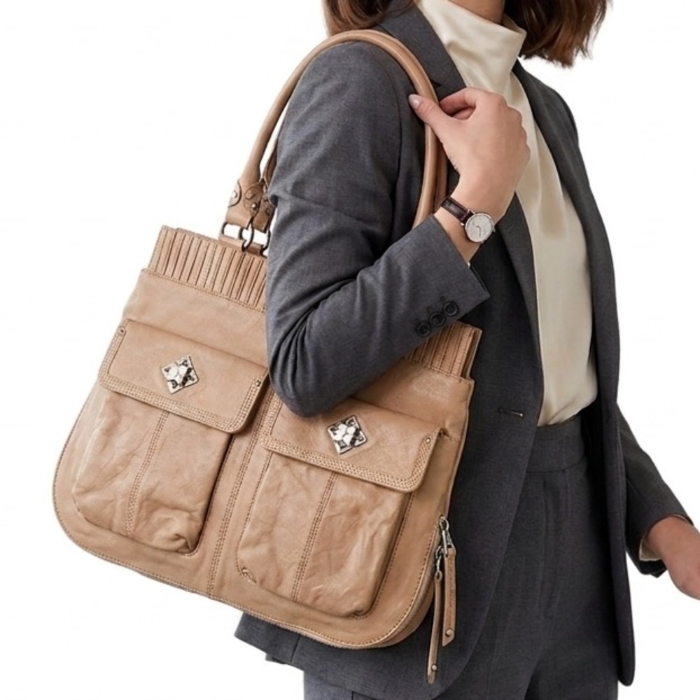 BCBGMAXAZRIA Tan Genuine Leather Pleated Shoulder Bag Dual Front Pockets